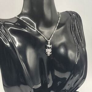 925 Silver Necklace W/ Owl & CZ White Diamond VTG Fashion Pendant Birthday NEW!